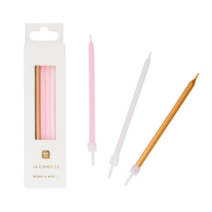 Lange Geburtstagskerzen rosa/weiß/gold — 16er-Pack / Talking Tables