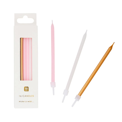 Lange Geburtstagskerzen rosa/weiß/gold — 16er-Pack / Talking Tables