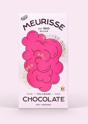 Dunkle Schokolade "No 8 Puffed Quinoa and Pink Pepper 73%" / Meurisse